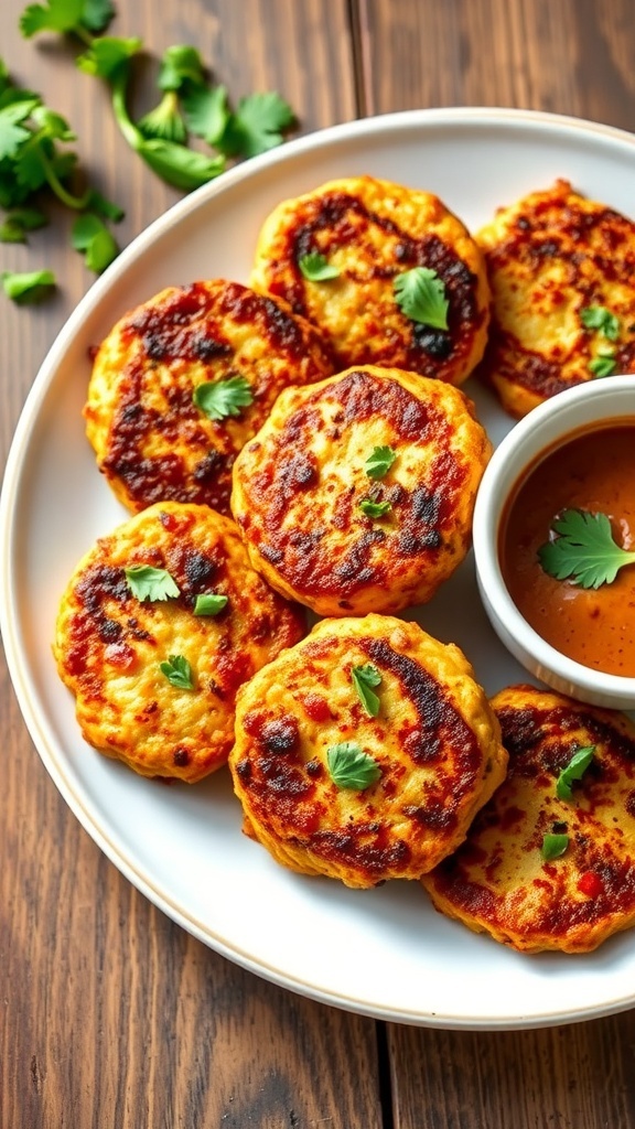 Golden chicken patties served on a plate with dipping sauce and herbs.